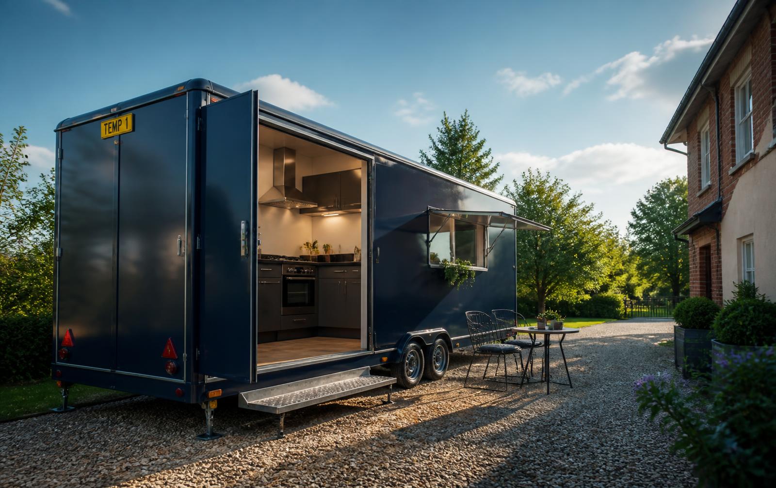 Norfolk Temporary Kitchens trailer parked outside a home with the kitchen door open